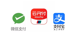 Official logos of China's three mainstream mobile payment methods, from left to right: WeChat Pay, UnionPay and Alipay