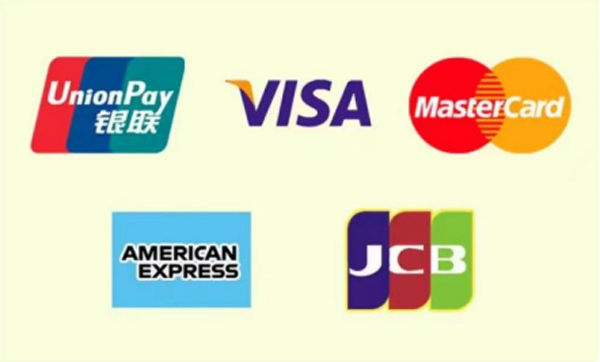 Logos of five major international card organizations, including UnionPay, VISA, MasterCard, American Express and JCB