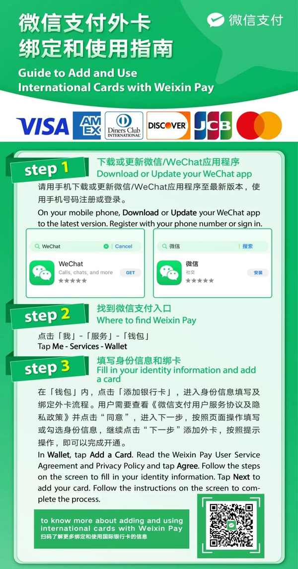 Official WeChat Pay poster for binding and using international bank cards, supporting VISA, AMEX, Diners Club, Discover, JCB and MasterCard